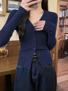 V领设计，细扣环，长袖，罗纹针织开衫，女士秋冬/返校季必备 - 藏青色 - 查看 4
