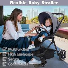 Carriola de Bebé Plegable, Silla de Paseo de Paisaje Alto para Recién Nacido y Niño Pequeño, Carriola Convertible con Respaldo Reversible, Cesta de Almacenaje, Reposapiés y Dosel Ajustable, Soporte - Gris Claro - Ver 1