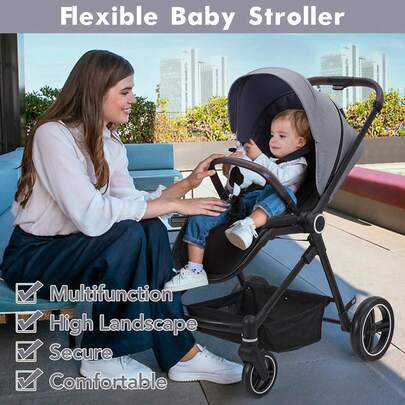 Carriola de Bebé Plegable, Silla de Paseo de Paisaje Alto para Recién Nacido y Niño Pequeño, Carriola Convertible con Respaldo Reversible, Cesta de Almacenaje, Reposapiés y Dosel Ajustable, Soporte