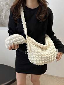 2件装柔软质感大容量母子单肩包休闲通勤泡泡云褶皱包韩版 - 米色 - 查看 4