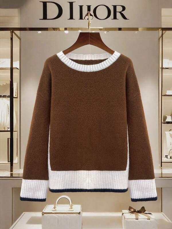 Women's Color-Blocked Blouses, Round-Neck Long-Sleeved Sweaters, Casual Street Fashion, Suitable For All Seasons And Highly Popular, Suitable For Going Out, Office Outfits For Women, Pullover For Women,Christmas Sweater,Thanksgiving Outfits For Women