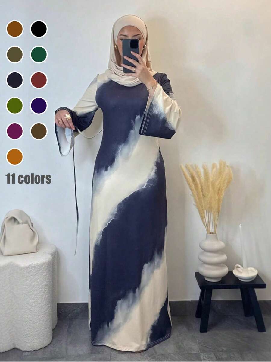 Women's Simple Knit Long Sleeve Round Neck Mid-Length Arabian Dress, With Eye-Catching Wavy Print Flare Sleeves And Medium Elasticity