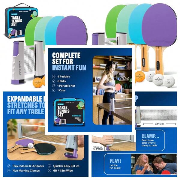 PRO SPIN All-In-One Pong Set - Retractable Pong Net Any Table (72), Pong Paddles And Balls, Storage - Portable Table Tennis Family Games, Gifts Boys & Girls