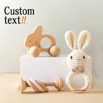 Set de juguetes sensoriales para recién nacidos, juguete musical personalizable con campana, set de regalo de campana y coche de ganchillo | Regalo para baby shower, hecho de madera de playa natural y lana de ganchillo suave, perfecto para que las manos pequeñas lo agarren, un juguete para niños y niñas, adecuado para bebés de 3 meses - Adecuado para usarse como primer regalo de bebé, regalo de Navidad, regalo de Halloween, set de regalo de bebé, caja de regalo de bebé