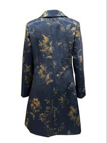 Women's Elegant Peaked Lapel Printed Long-Sleeved Mid-Length Suit Jacket Coat - Navy Blue - View 3