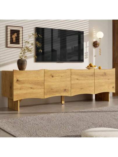 Moderne TV Cabinet Wave Pattern 155 Cm Media Console Storage Space, Four Doors Cable Outlets In Wood Look, Stylish The Living Room view 4