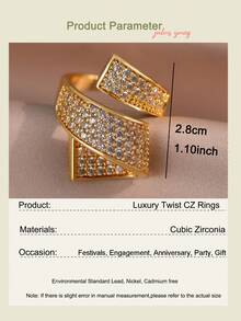 1pc Fashionable Multi-Layer Spiral Cubic Zirconia Ring, Personalized Asymmetric Accessory, Suitable For Women's Daily Wear, Engagement/Wedding Occasions - Yellow Gold - View 4