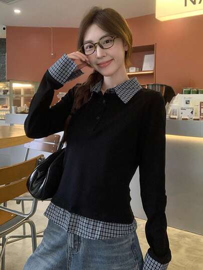 Polo 领二合一长袖 T 恤，时尚修身汗衫