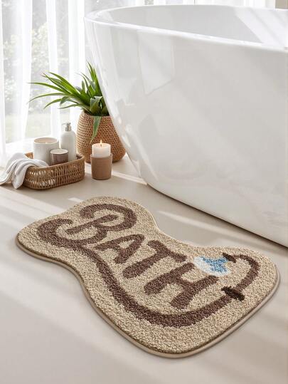 1pc Flocked Bath Mat, Simple Elegant Ins Style Bath Letter Design Area Rug, Non-Slip TPR Bottom, Soft Absorbent Comfortable, Suitable For Bathroom, Shower, Kitchen, Living Room, Dorm, Dining Room, Home Decor, Holiday Decor, Thick Plush, Autumn/Winter, Laundry Room, Festival Decor Room, Entryway Rug, Runner Rug, Autumn, Winter, Bedroom Decoration, Autumn Decor, Carpet, Halloween, Thanksgiving Decoration, Christmas Decor