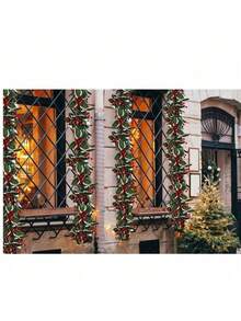 1 pieza Guirnalda de Navidad artificial de 5.8 pies con bayas rojas, hojas de acebo y decoración de flores de ratán para la decoración del hogar