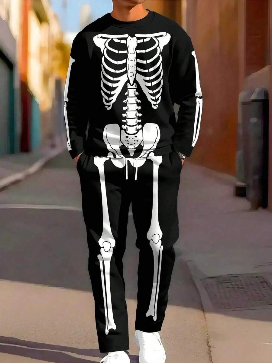 2pcs/Set Men Skull 3D Digital Print Round Neck Sportswear Set, Streetwear Casual Sweatshirt And Pants, Suitable For Holiday Party, Autumn - Black - View 1