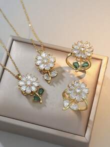 Vintage Mixed Style Sunflower Rotating Necklace Set, 360 Degree Rotating Emerald Flower Ring With Titanium Steel Inlaid Zirconia And Enamel Colorful Stone, Women Jewelry Accessories For Daily Wear/Party