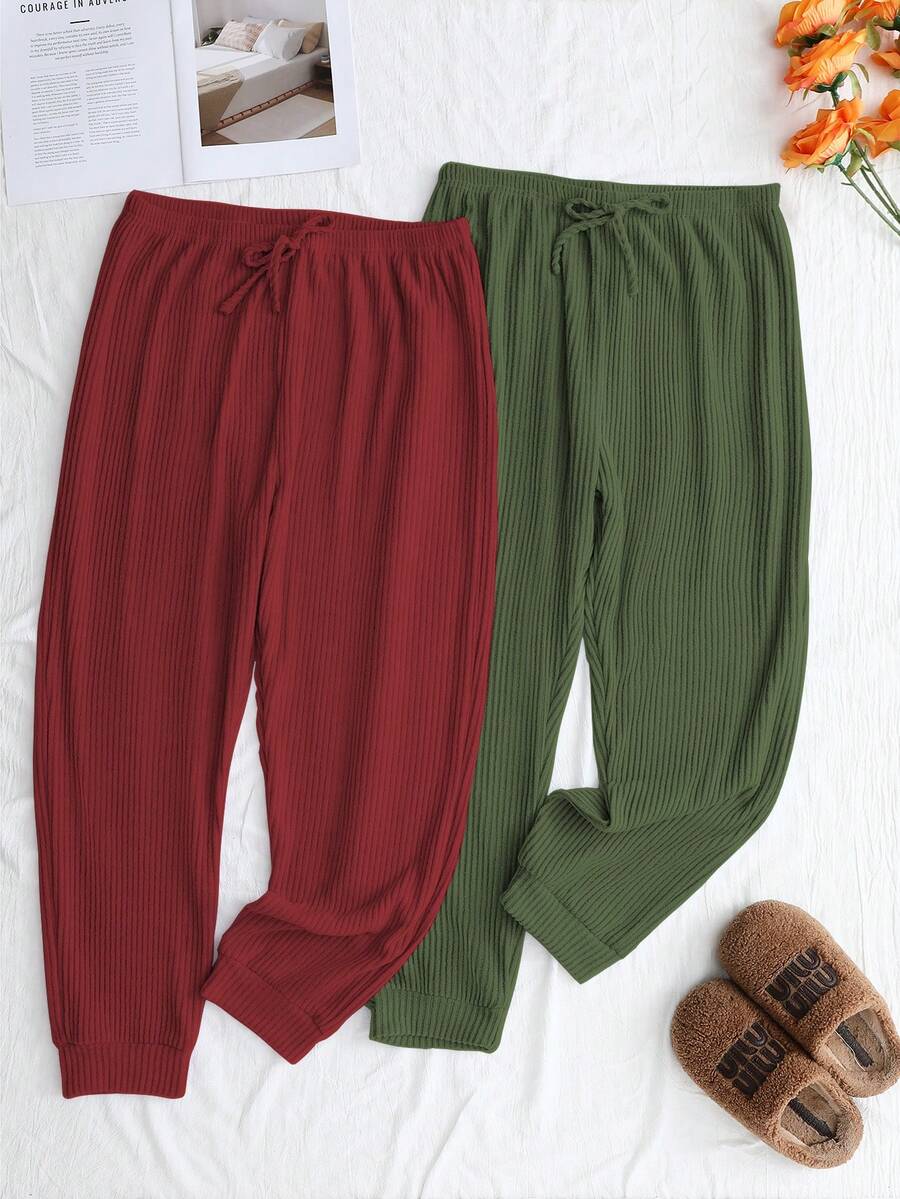 2-Pack Large-Size Ribbed Pajamas For Autumn And Winter, Warm And Comfortable, Plus-Size Ribbed Pajamas With Cuffs, 1XL-5XL, Comfortable And Soft Pajamas Pants - Red+Green - View 1