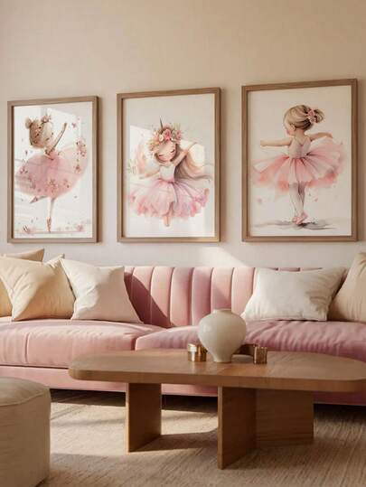 3pcs/Set Charming Ballerina Watercolor Set - Pink Tutu Girl, Unicorn & Graceful Pose Prints For Nursery Or Ballet Studio Decor, Canvas Art, No Frame