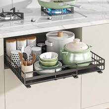 Adjustable Pull-Out Cabinet Organizer, Expandable Kitchen Drawer Storage Basket, No Drill Installation, 31-49cm Width, Heavy-Duty Steel, for Cupboard and Bathroom, Black/White - Schwarz - Übersicht 1