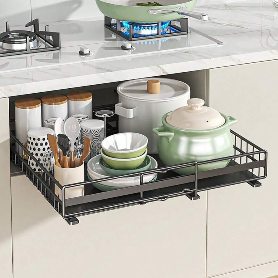 Adjustable Pull-Out Cabinet Organizer, Expandable Kitchen Drawer Storage Basket, No Drill Installation, 31-49cm Width, Heavy-Duty Steel, for Cupboard and Bathroom, Black/White - Schwarz - Übersicht 1