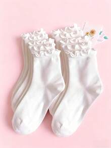 1 Pair/3 Pairs/6 Pairs Japanese Style Ruffle Socks, Cute Women Socks, Fresh Lace Trim Socks, Ruffle Decor Short Socks, White Ruffle Trim Casual Mid-Calf Socks - Multicolor - View 26