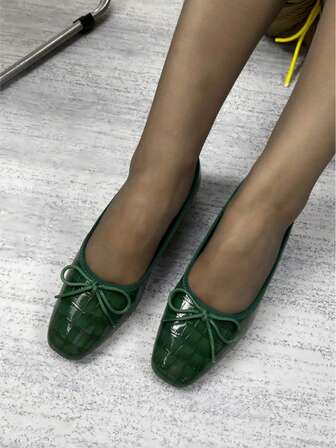 Women's Fashion Square Toe Flat Shoes, Solid Color Marble Texture Fabric, Bow Decor Slip-On Flats, Lightweight French Style Loafers, Soft Sole, Suitable For Vacation, Travel, Outdoor Wear, Retro Elegant Casual Style, Variety Of Colors, Comfortable, Convenient To Carry, Ballet Flats