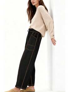 Women's Fleece Lined Sweatpants,High Waisted Winter Pants With Barrel Leg,Cozy Thermal Wide Leg Lounge Joggers With Drawstring - màu đen - Xem 5