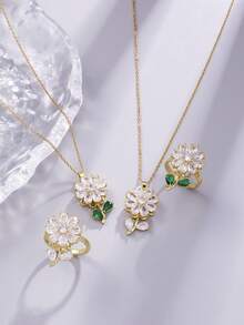 Vintage Mixed Style Sunflower Rotating Necklace Set, 360 Degree Rotating Emerald Flower Ring With Titanium Steel Inlaid Zirconia And Enamel Colorful Stone, Women Jewelry Accessories For Daily Wear/Party