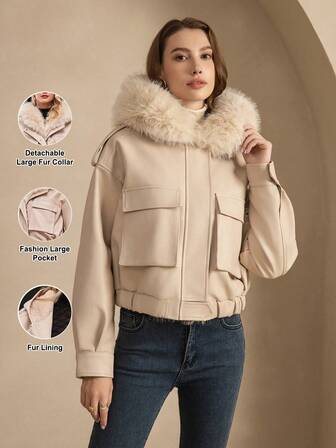 ZIAI Women's Autumn/Winter Dropped Shoulder Long Sleeve Utility Pocket Hooded Casual Jacket With Faux Fur Collar