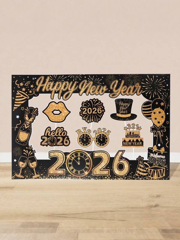 1 pezzo Cornice per cabina fotografica decorativa per Capodanno, cornice per foto con design di fuochi d'artificio, champagne, orologio, accessori per cabina fotografica, decorazioni per feste di Capodanno 2026, decorazioni per Capodanno, celebrazioni di Capodanno, decorazioni per la Vigilia di Capodanno