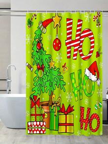 Cheerful Neon Green Christmas Cartoon Bathroom Set . Festive Holiday Decor | Cute Christmas Tree Wearing Santa Hat, Paired With Gifts, Candies And Snowflake Elements | Repeated "Ho" Text Adds Playfulness | Overall Design Is Bright And Lively, With Vivid Colors, Suitable For Children Or Households Who Enjoy Novel Colors | Includes Shower Curtain, Toilet Seat Cover, Bath Mat And Pedestal Mat