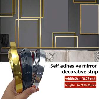 1 Roll 5m/196.85 Inch Self-Adhesive Flat Decorative Line, Vinyl Mirror Wall Sticker Decorative Strip, Suitable For Home Decoration