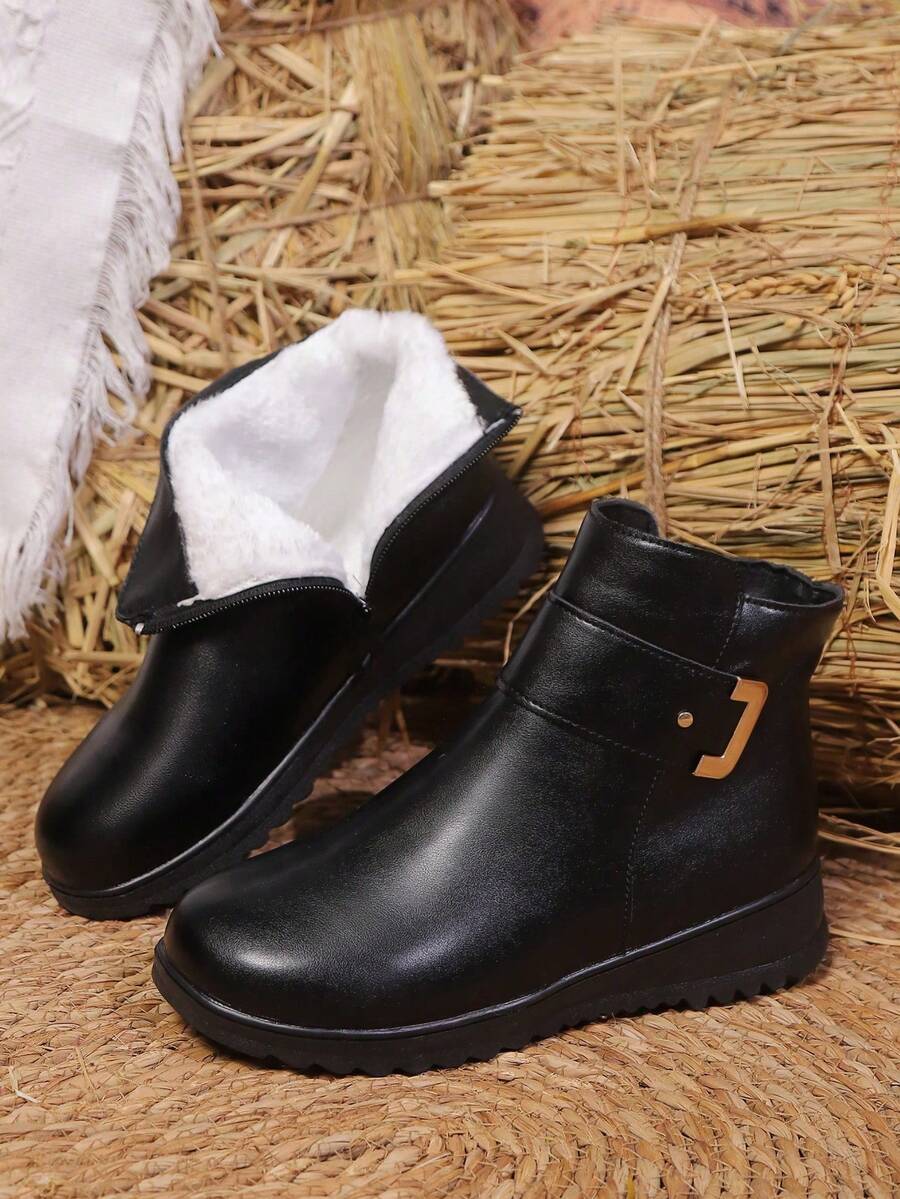 新款加大码妈妈鞋，秋冬保暖踝靴，舒适防滑，侧拉链金属扣装饰，黑色PU休闲通勤鞋，女士款 - 白色 - 查看 1