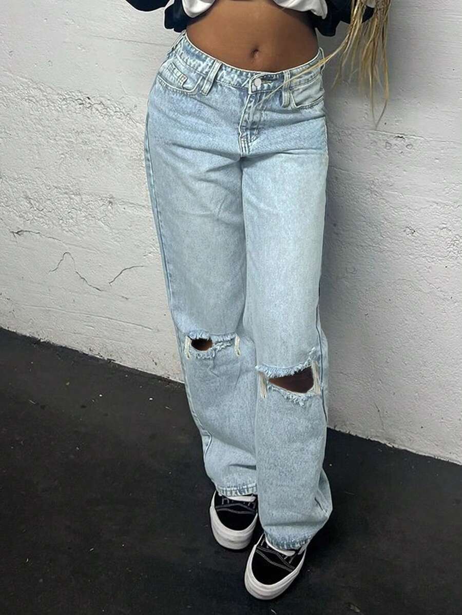 Women's Mid-Rise Light Wash Ripped Straight Leg Jeans, Loose Fit, With Pockets, Essential For Daily Casual, Commute, Holiday Vacation And Dating - Rửa nhẹ - Xem 1