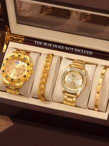 4 件时尚百搭休闲男女情侣手表，休闲钢带石英表，搭配链条手链首饰组合套装，情侣礼品套装，适合日常、节日、婚礼佩戴、送礼