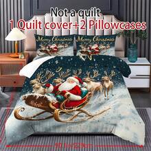 Decorațiuni de Crăciun, set de lenjerie de pat cu husă de pilotă, 2/3 buc, cu imprimeu de Moș Crăciun și reni, roșu, verde și auriu, set de pilotă, cu 1 husă de pilotă și 2 fețe de pernă, cuvertură de pat king-size, cearșaf de pat, poliester moale, prietenos cu pielea, lavabil la mașină, curățare chimică. Este potrivit pentru decorarea casei și a dormitorului, decorul camerei, decorul dormitorului, articole de decorare a camerei, set de pilotă queen-size, este un cadou bun de ziua de naștere.