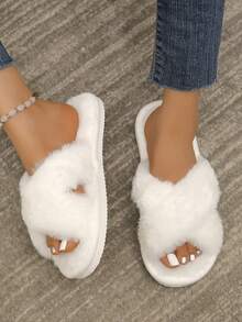 Women's Fashionable Fluffy Slippers, Soft And Lightweight Indoor Home Slippers, Quiet Carpet Slippers - 白色 - 查看 6