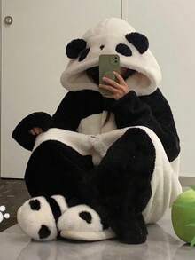 1 Pc Cute Panda Hooded Coral Fleece Jumpsuit For Women, Cozy Winter New Home Wear, Soft & Warm, Long Sleeve Bodysuit With Panda Design, Perfect For Spring & Winter, Warm Cartoon Panda Ears Hooded Sleepwear, Sweet Home Clothes Pyjamas, Suitable For New Year, Valentine's Day, Valentine's Day Gift, Gift For Women