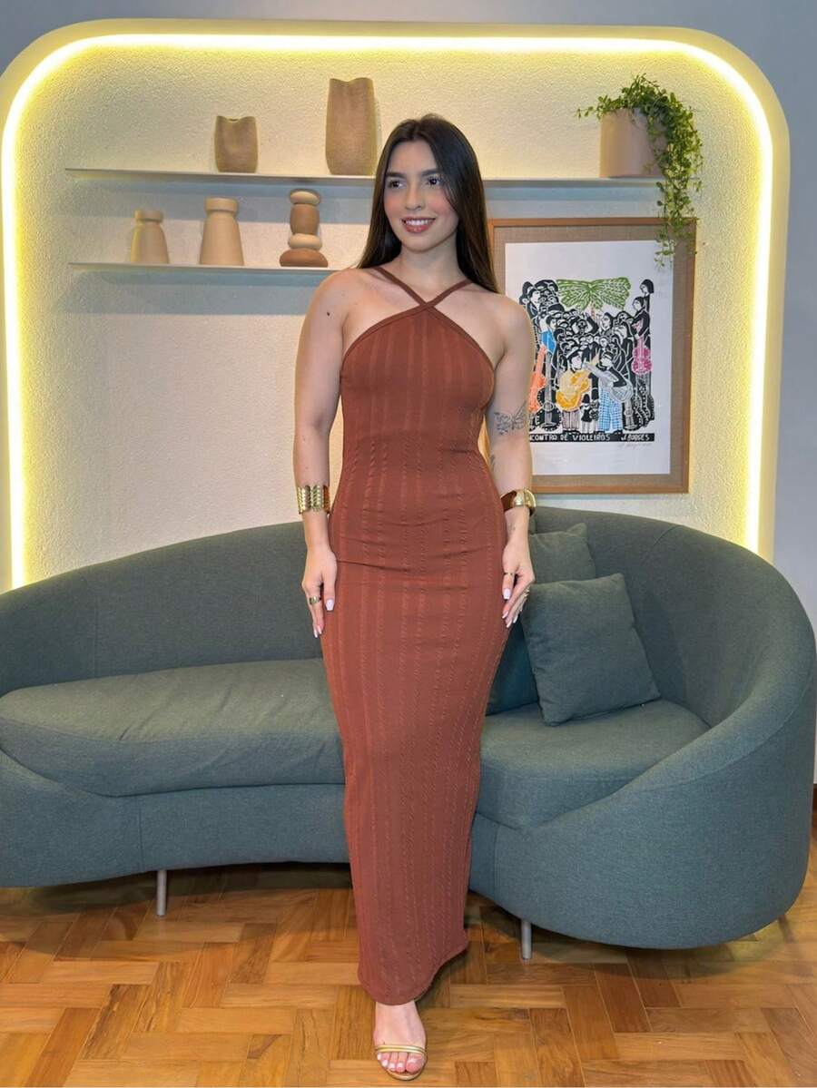 Tais Ribaninha Premium Dress With Elegant Adjustable Straps - Rust Brown - View 1