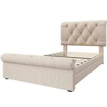 Single Upholstered Bed 90x200cm, Bed Frame With 2 Drawers And Height-Adjustable Headboard, Chesterfield Functional Bed, Natural, With Mattress - Natural + Metal & Wood + 90cm*200cm(Mit Matratze) - View 2