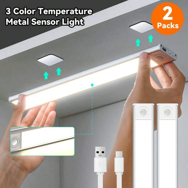 2pcs Rechargeable Under Cabinet Lights, Wireless Motion Sensor Light For Kitchen Pantry Light Bar, Dimmable 3 Lighti Color Night Light Under Counter Lighting For Living Room Hallway Stairs Bedroom Bedside Drawer Wardrobe Cupboard Closet Office