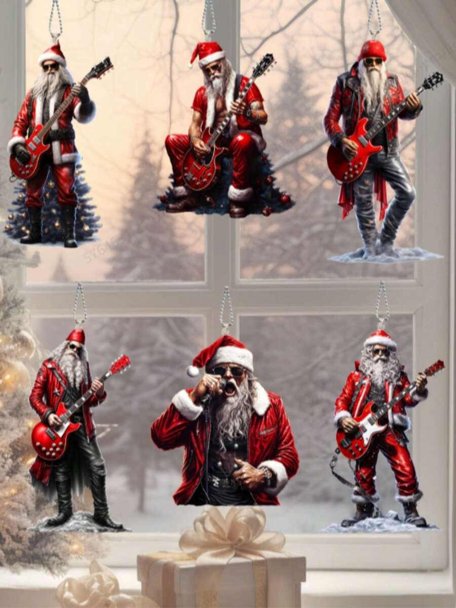 6 Stücke Rockstar Weihnachtsmann 2D Acryl Dekorations-Set - ideal für Weihnachten, Neujahr und Frühlingsfest Dekoration