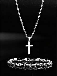 Set de 2 piezas de pulsera y collar de acero inoxidable trenzado, set de joyería con elemento de cruz, accesorios de moda minimalistas para uso diario, set de joyería versátil para hombres