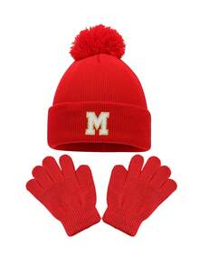 3件套儿童针织帽和手套套装，A-Z字母图案，保暖冬帽，适合3-8岁幼儿日常佩戴 - 紅色 - 查看 5