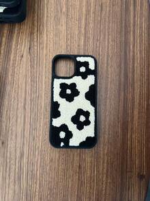 1pc Multi-Color IP16, INS Plush Black Flower Phone Case Suitable For IP11, 12, 13, 14, 15, 16, 15/16/12/13/14 ProMax, IP14/11/12/13 Pro, Smartphone Case, Compatible With IP14/15/16 Plus