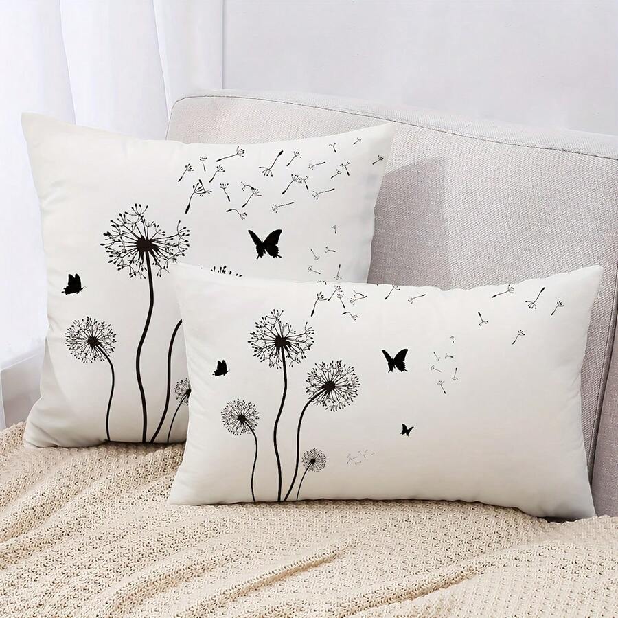 1 pieza Funda de cojín con diseño minimalista de diente de león en blanco y negro, decoración de mariposa, tela de poliéster impresa por un solo lado, adecuada para la decoración del hogar moderno