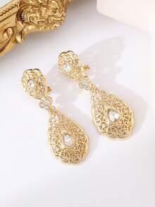 1 Pair Algerian Women's Gold-Plated Earrings, Inlaid With Colorful Rhinestones, French Retro Style, Delicate And Exquisite, Bridal Wedding Party Jewelry, Women's Holiday Gift Valentine's Day Accessories - D-eR0070 - View 3