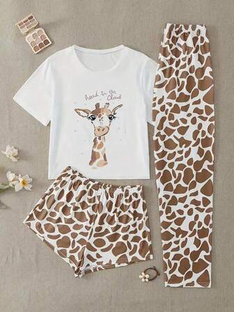 [Giraffe Print Pajama] 3pcs Women's Giraffe Print Pajama Set - Casual Comfy Polyester Blend, Machine Washable Sleepwear