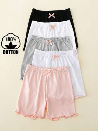 5pcs Girls' Cotton Shorts, Cute & Ladylike, Suitable For Daily Wear, All Seasons