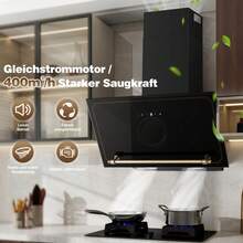 SNDOAS Dunstabzugshaube 60cm, Abzugshaube mit A+++ Energieeffizienz, Abluft/Umluft, 400 m³/h, 3 Stufen + Booster, Wandhaube mit Aktivkohlefilter, Gehärtetes Glas Touchscreen und LED, Schwarz/Gold [Energieklasse A+++]