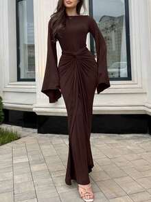 Damen Einfarbiges Kleid mit Glockenärmeln und Knoten, Sexy Mode Elegantes Skinny Langes Kleid Sommer Damen Streetwear Abendklub Abendgarderobe - Braun - Übersicht 1