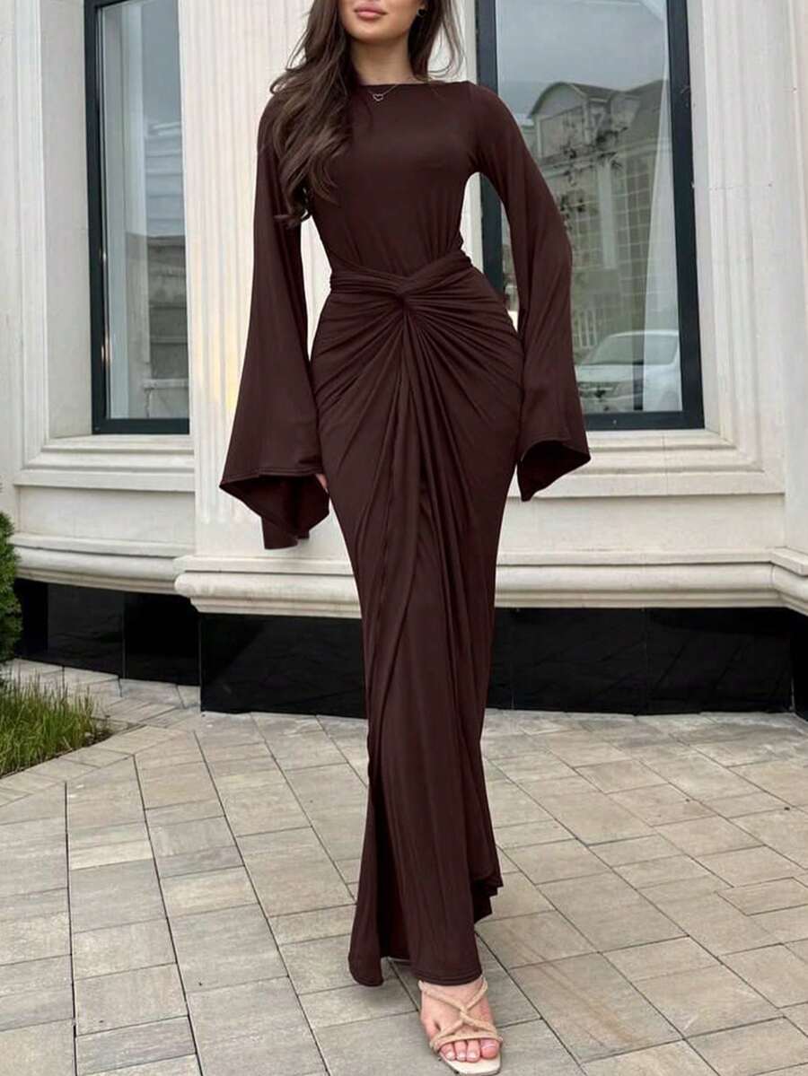 Damen Einfarbiges Kleid mit Glockenärmeln und Knoten, Sexy Mode Elegantes Skinny Langes Kleid Sommer Damen Streetwear Abendklub Abendgarderobe - Braun - Übersicht 1