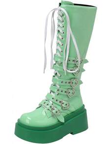 Parisuit Women's Knee High Goth Platform Buckle Boots Chunky High Heel Lace Up Punk Combat Boots With ChainChristmas - màu xanh lá - Xem 9