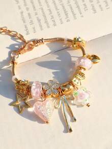 1pc Vintage Ceramic Charm Bracelet, Imitation Blue And White Porcelain Heart Flower Bracelet, Star Bracelet, Ceramic Heart Bow Bracelet